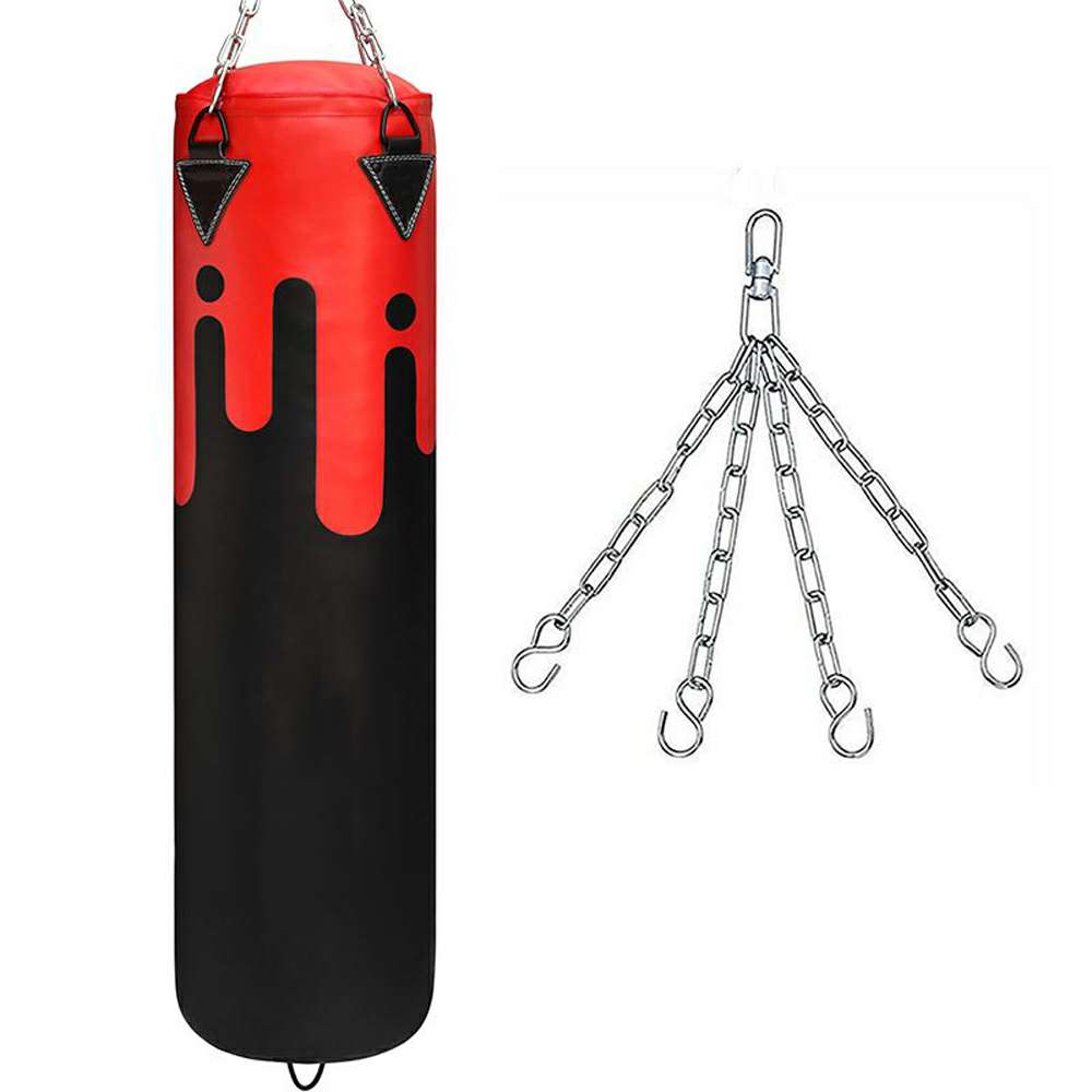 Red and Black Drip-Pattern Tall Hanging Heavy Bag with Chain Suspension Assembly and Tie-Down Loop